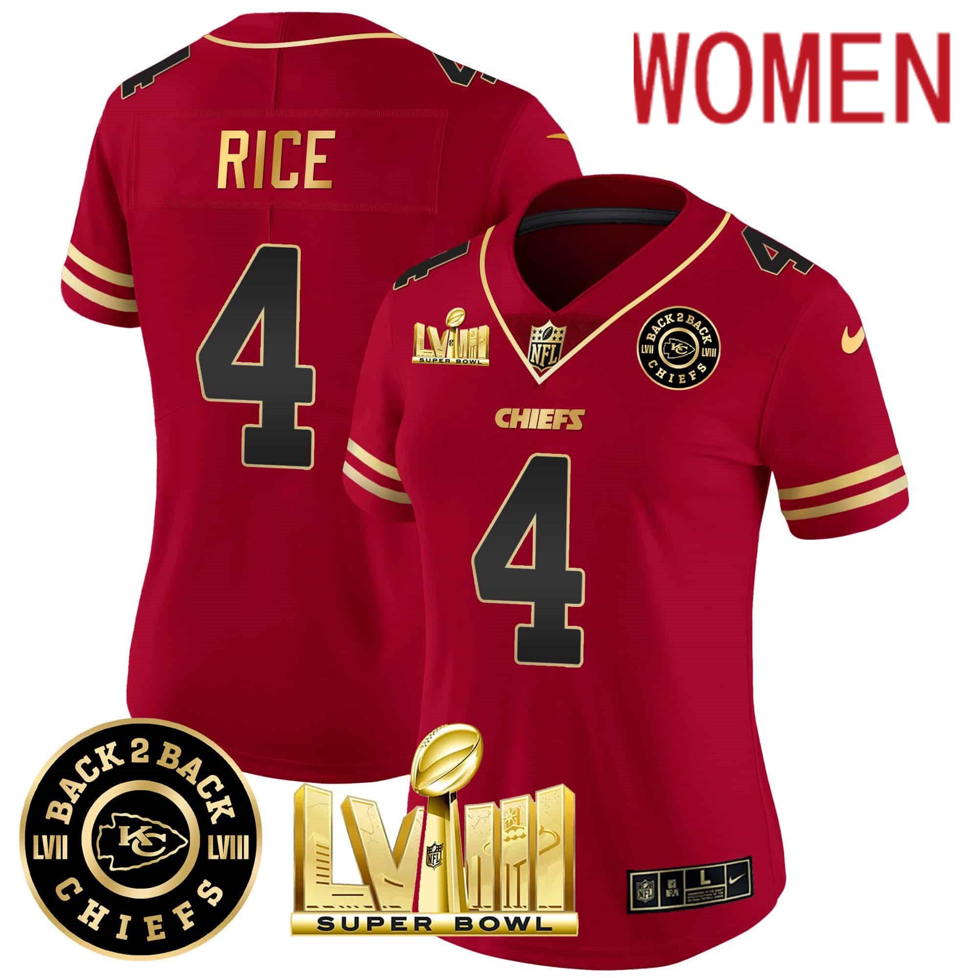 Women Kansas City Chiefs 4 Rice Red 2024 Nike Super Bowl LVIII & Back 2 Back Patch Vapor NFL Jersey style 1